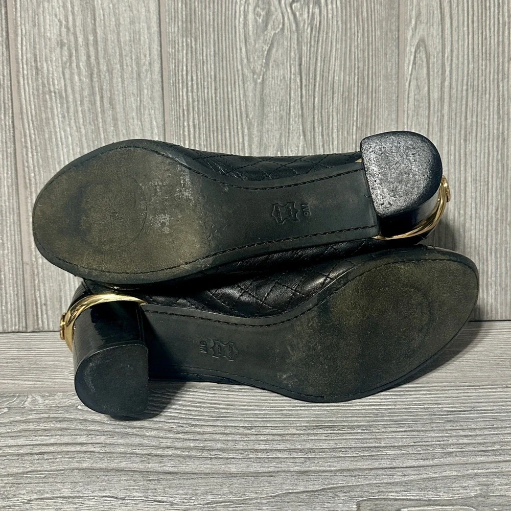 Tory Burch Black‎ Quilted Leather Block Heel Pumps Carrie Cap Toe Logo Womens 9M